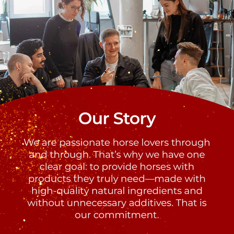 A group of five people talk in a modern office. Beneath them, text on a red background highlights their passion for providing horses with natural, high-quality products like Pferdegold® Muscle—free from unnecessary additives.